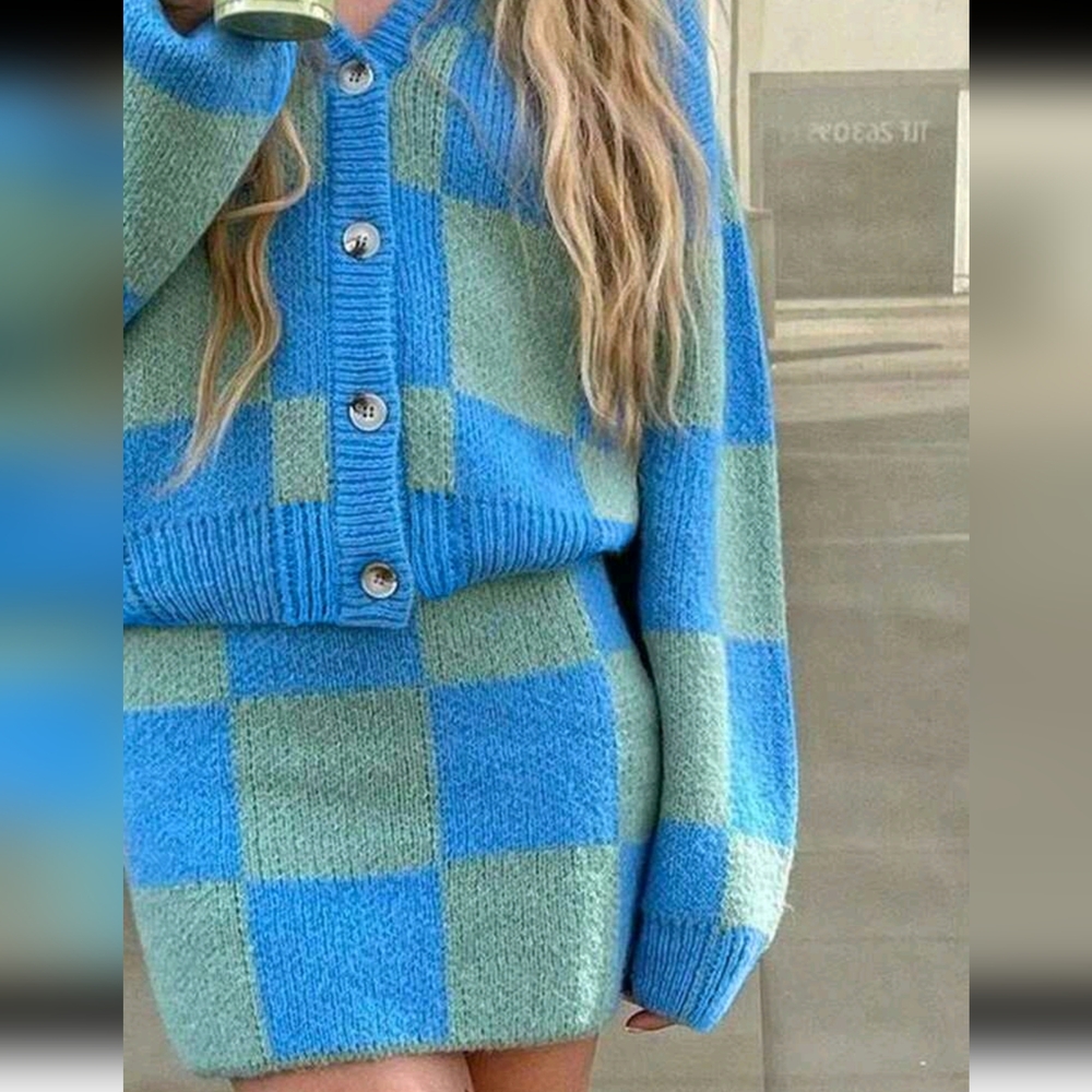 2pcs Women Casual Checkerboard Cardigan And Knitted Skirt Set, Autu - Picture 3 of 3